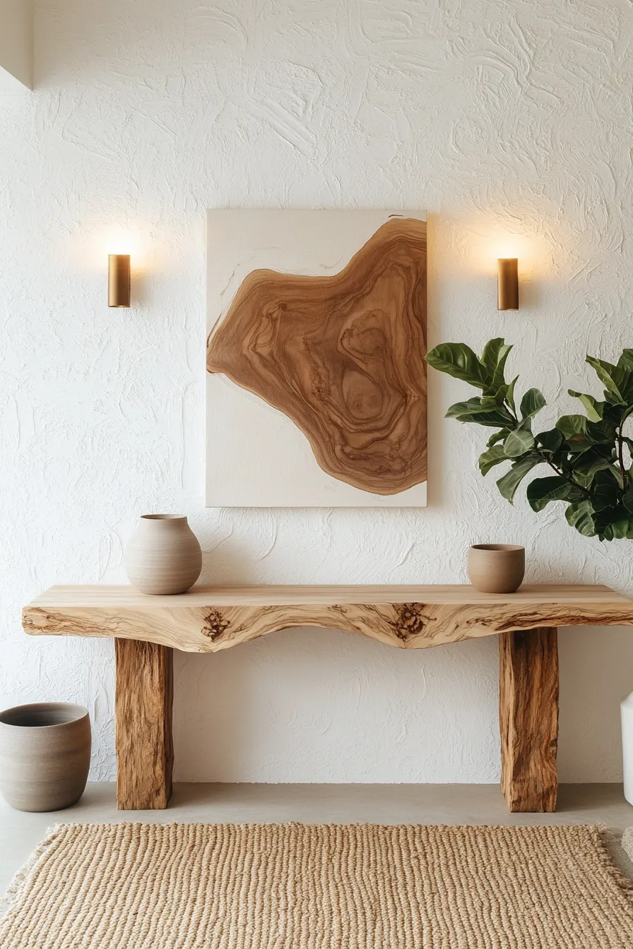 live edge console table with storage solutions featuring bronze hardware and earth tone artwork above