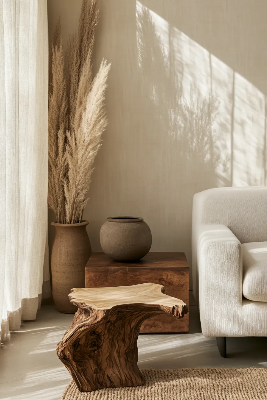 live edge wooden side table with brass accents surrounded by neutral decor and natural light in modern setting