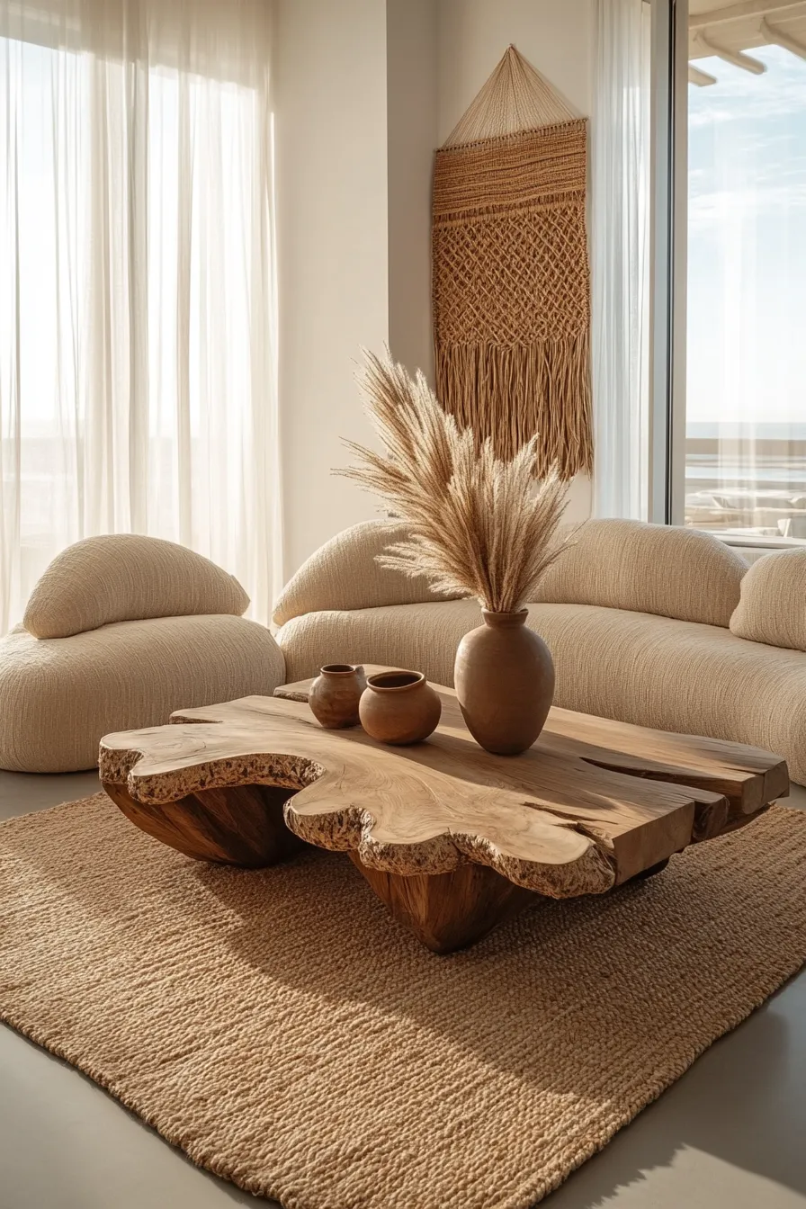 living room with natural wood coffee table curved seating woven wall art and earthy pottery accents