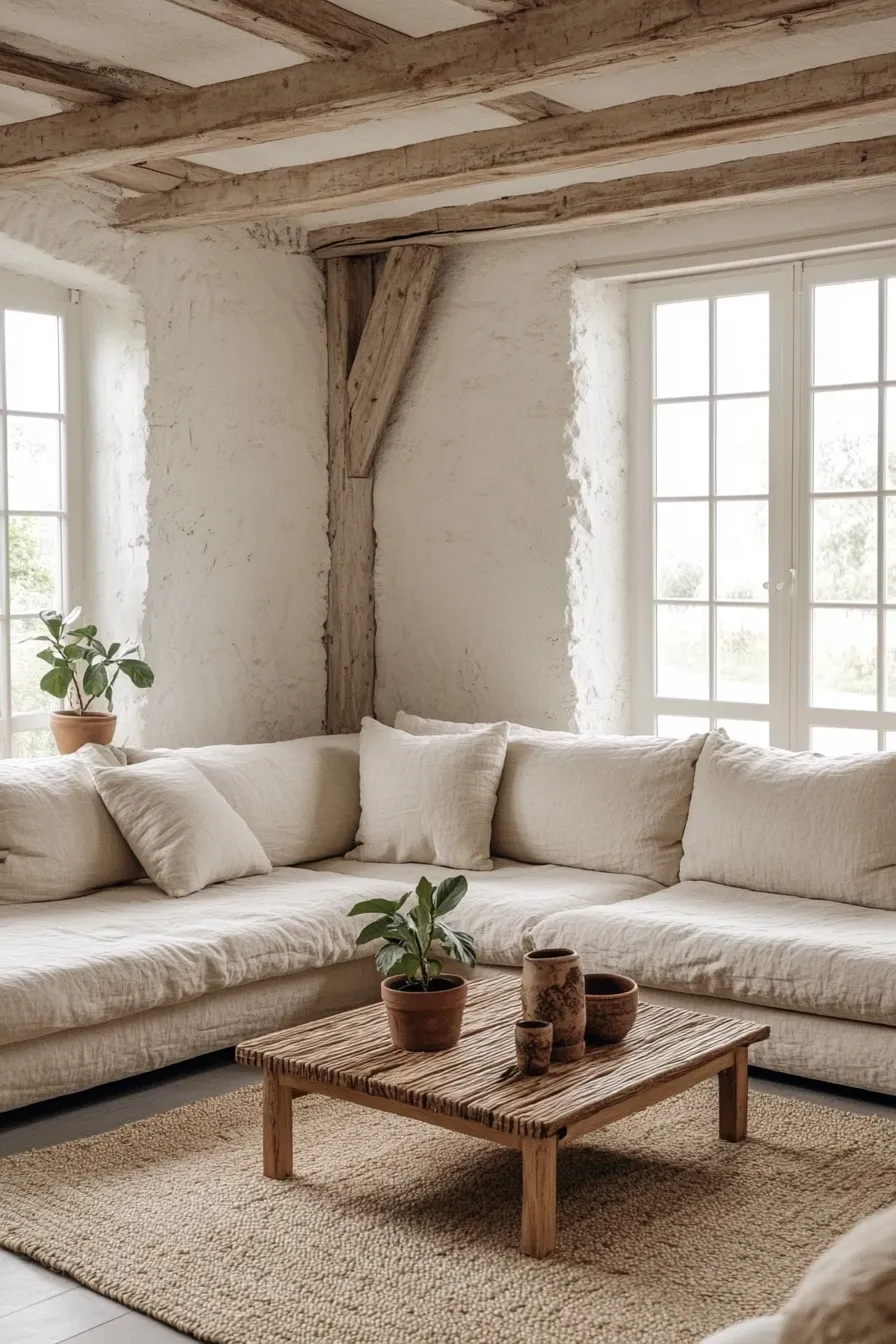 lshaped sofa in modern organic living room with textured walls and ceramic accents