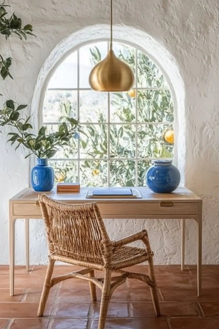 luxury coastal office featuring brass pendant woven chair and mediterranean architectural elements