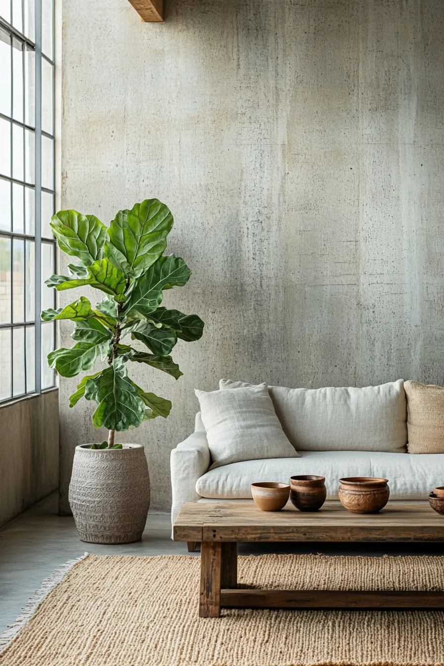 luxury organic modern room with large plant textured rugs and artisanal pottery in earth tones