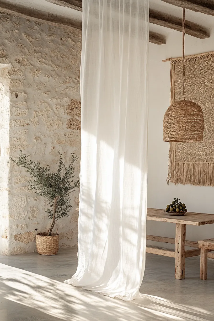 mediterranean dining area with floating sheer curtains stone walls rustic table and natural lighting