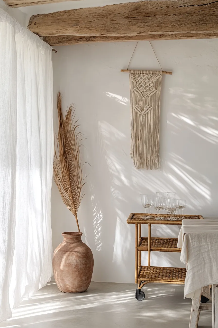 mediterranean dining room featuring rattan bar cart linen curtains pendant light and decorative terracotta vessel