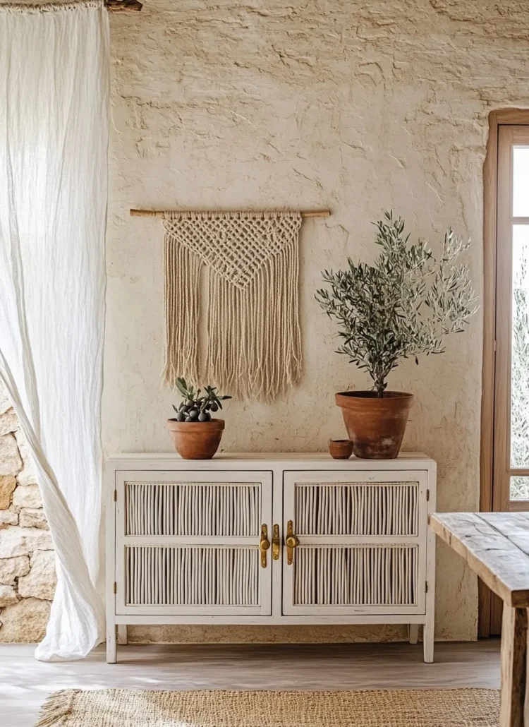 mediterranean dining room featuring rattan sideboard textured walls olive tree in terracotta pot natural light through muslin curtains