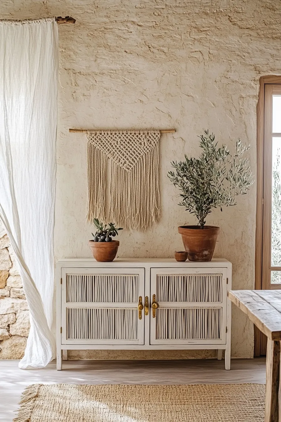 mediterranean dining room featuring rattan sideboard textured walls olive tree in terracotta pot natural light through muslin curtains