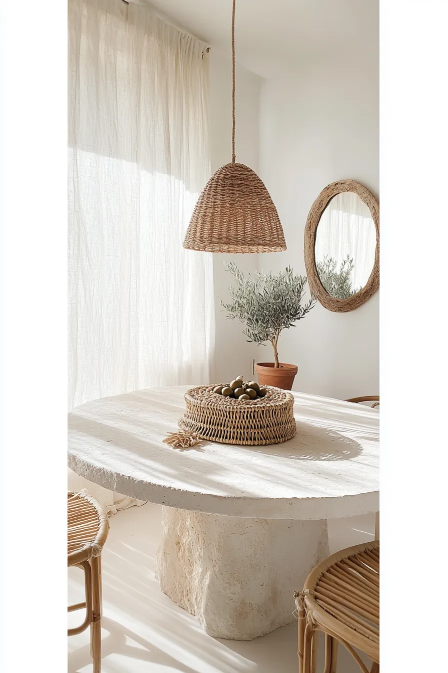 mediterranean dining room with circular stone table rattan centerpiece bamboo chairs woven pendant light and olive tree in sunlit space