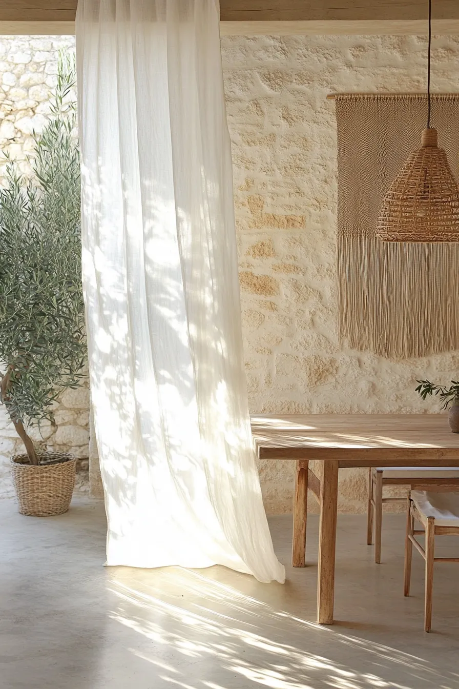 mediterranean dining room with sheer white curtains stone walls wooden table rattan pendant light and olive tree