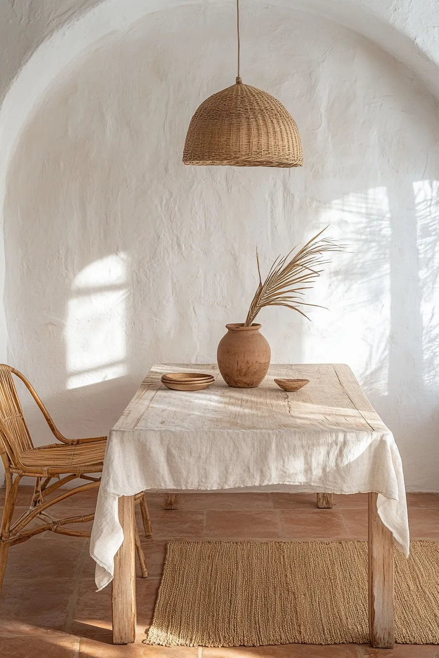 mediterranean dining room with teak table stucco walls woven details and earthenware accents on terra cotta floors