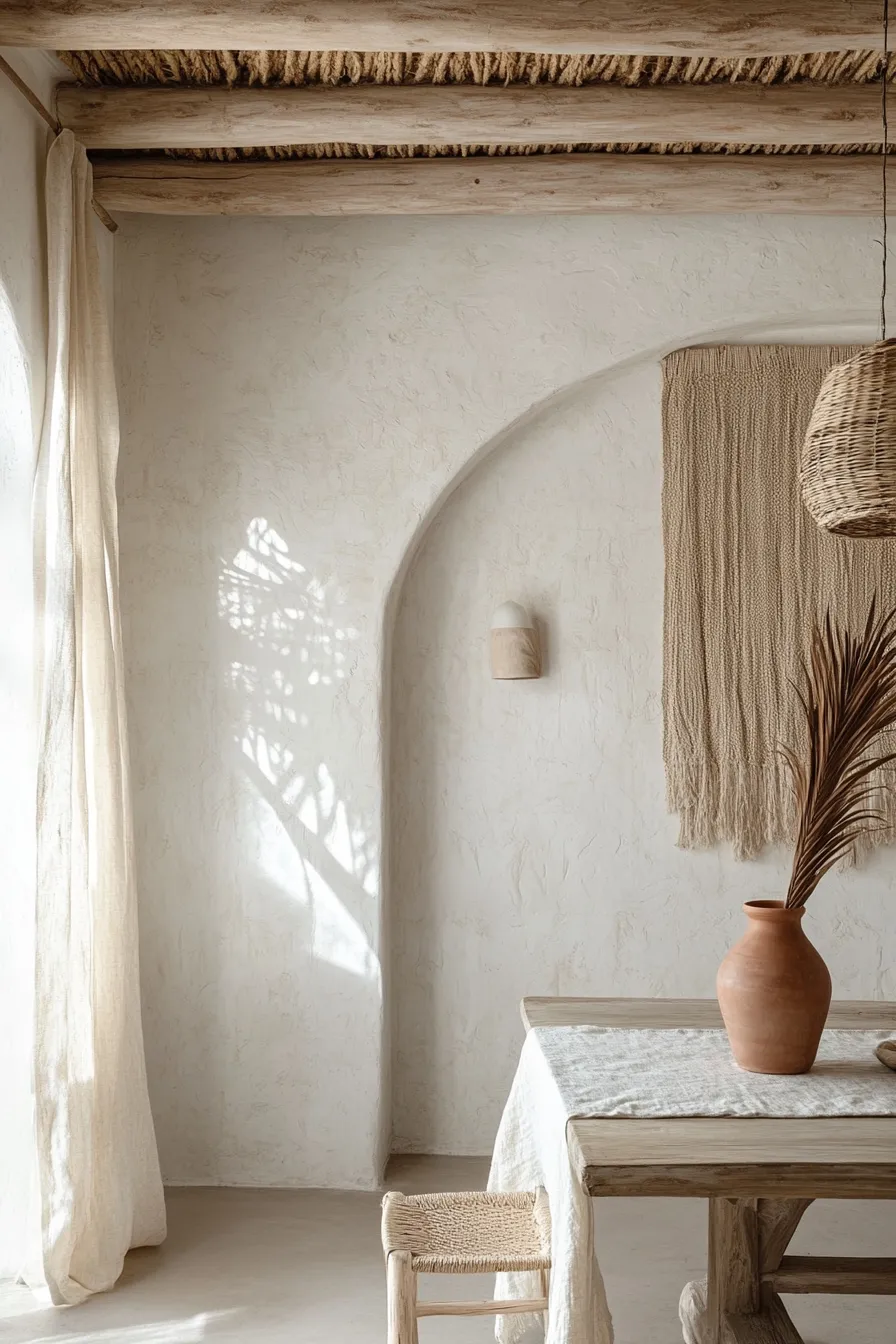 mediterranean dining room with textured walls arched windows farmhouse table and natural fiber pendant light