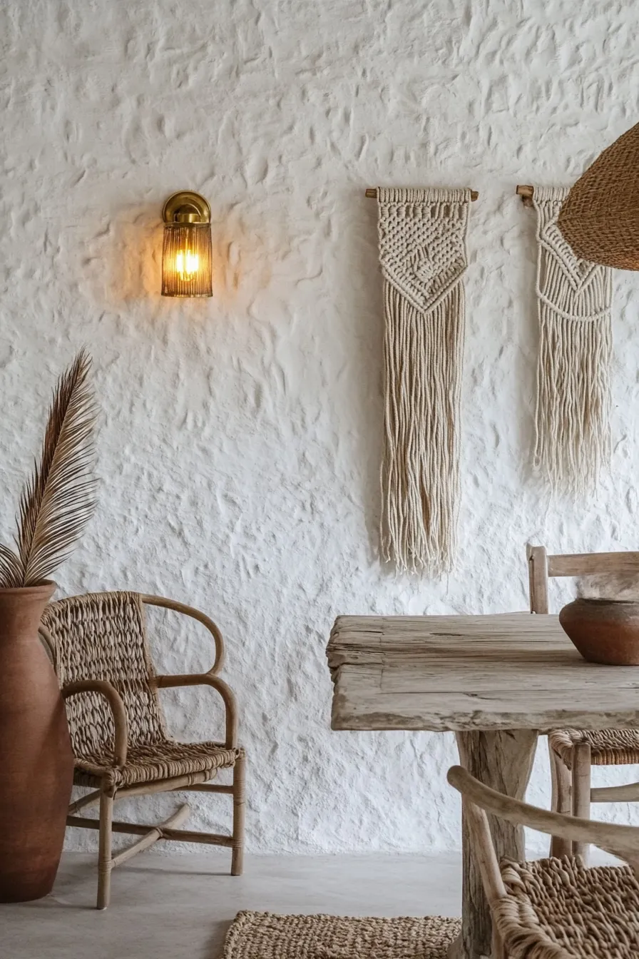 mediterranean dining room with whitewashed walls brass sconce wooden table rattan chair macram art and terracotta vase