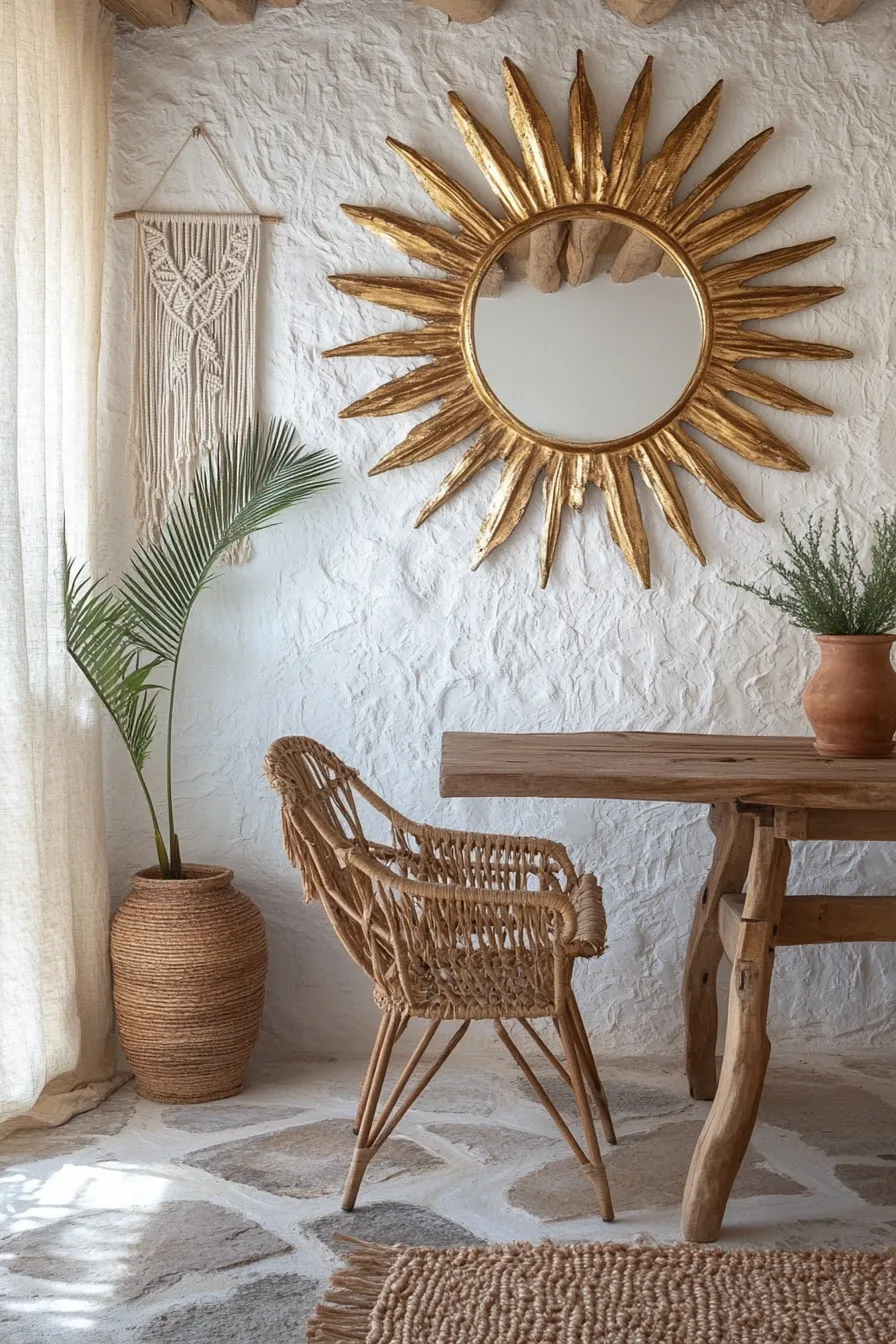 mediterranean dining space with oversized gold mirror textured walls terracotta pot and woven furniture pieces