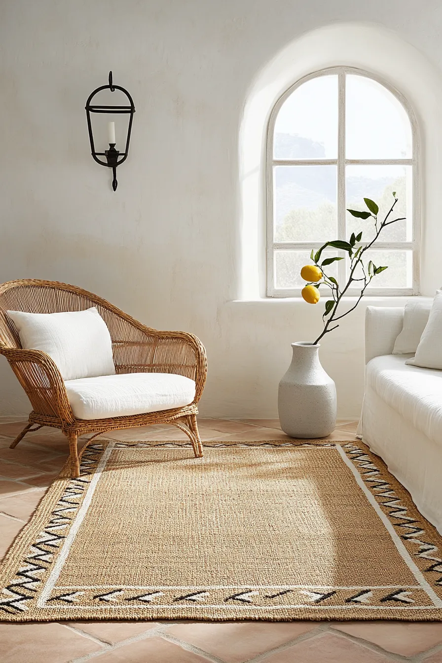 mediterranean home office featuring sisal rug terracotta floors white walls rattan chair and linen furniture in bright sunlight