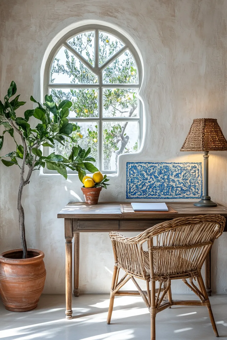 mediterranean home office with plaster walls blue tiles walnut desk and arched window streaming natural light