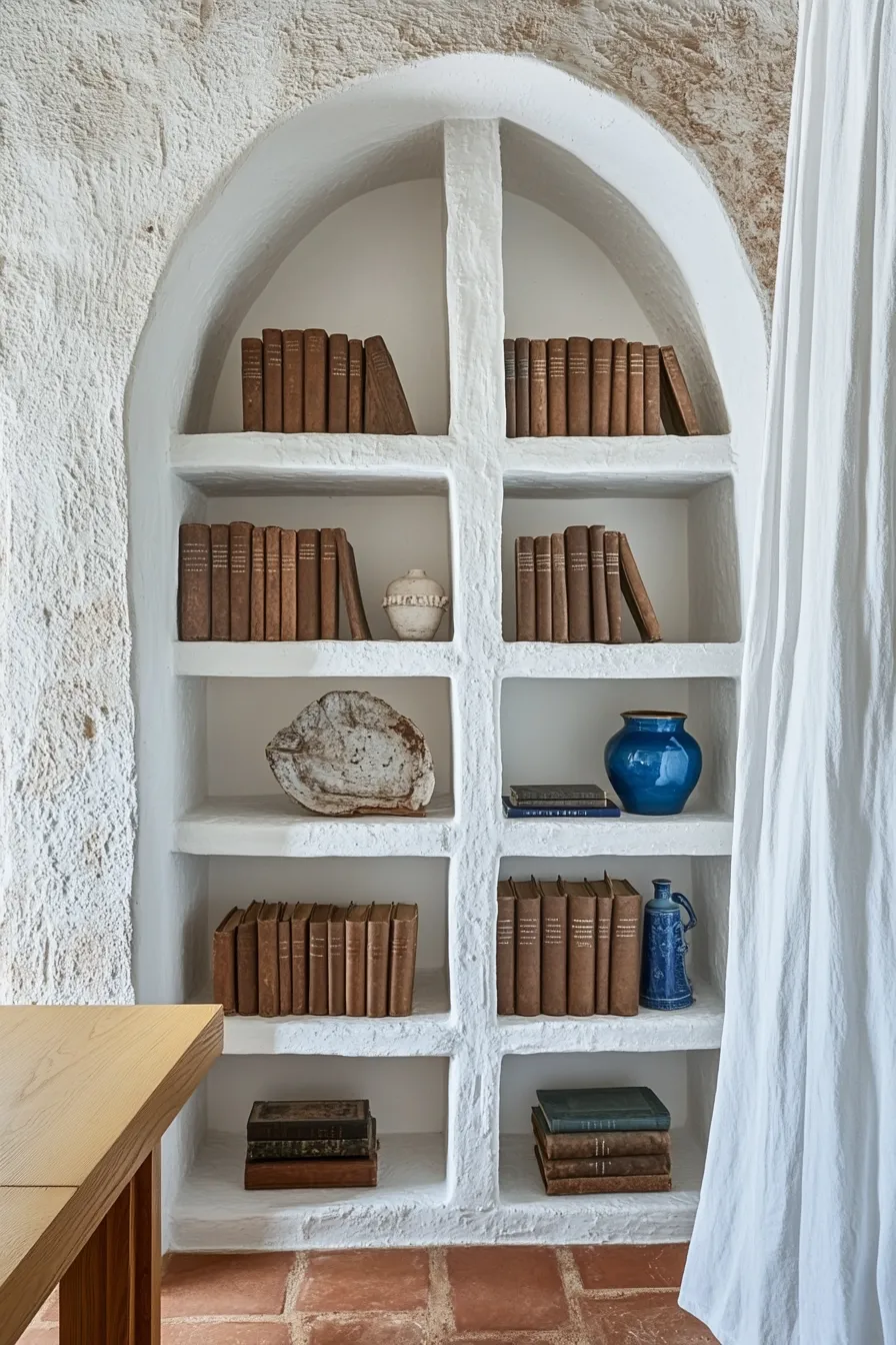 mediterranean home office with whitewashed stone builtin bookshelf arched alcoves round window and lemon wood desk