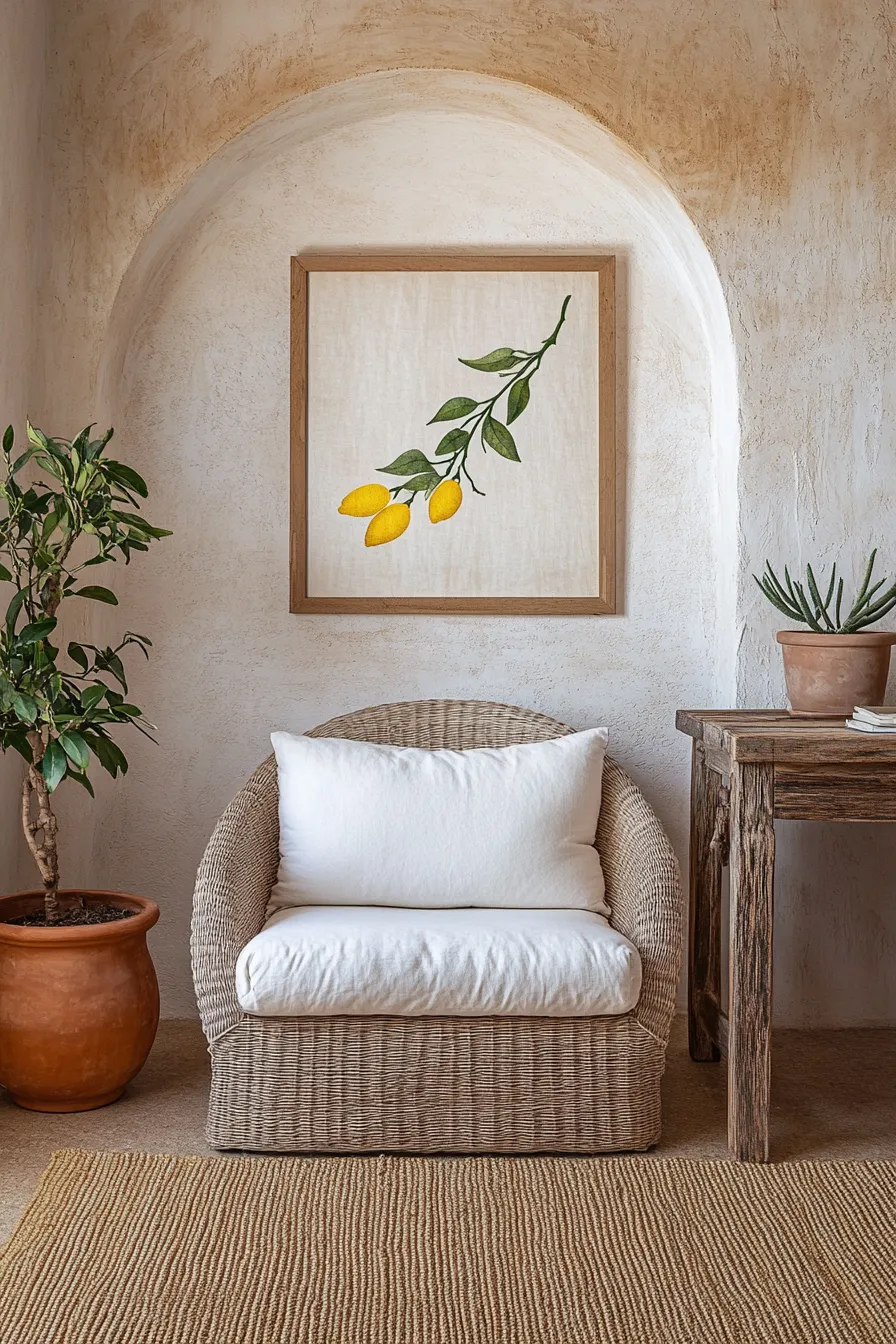 mediterranean home office with wicker armchair white cushions wooden desk and sisal rug near arched window