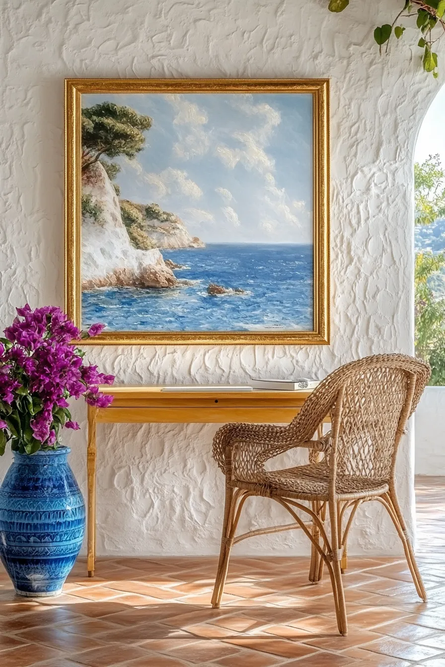 mediterranean seascape painting in gold frame on white wall arched window lemon wood desk rattan chair blue ceramic vase with bougainvillea