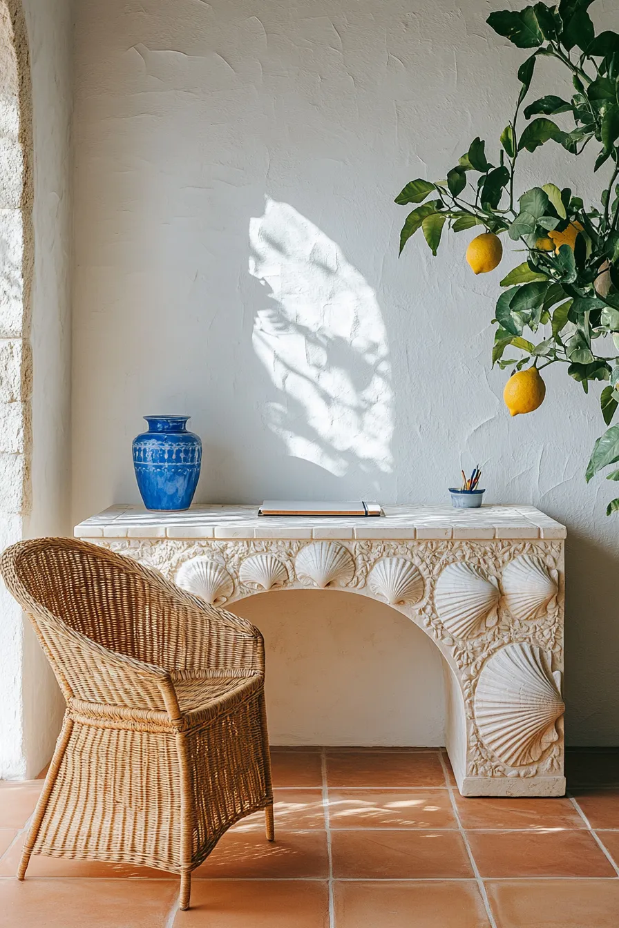 mediterranean style home office with limestone desk whitewashed walls rattan chair and arched window with lemon tree