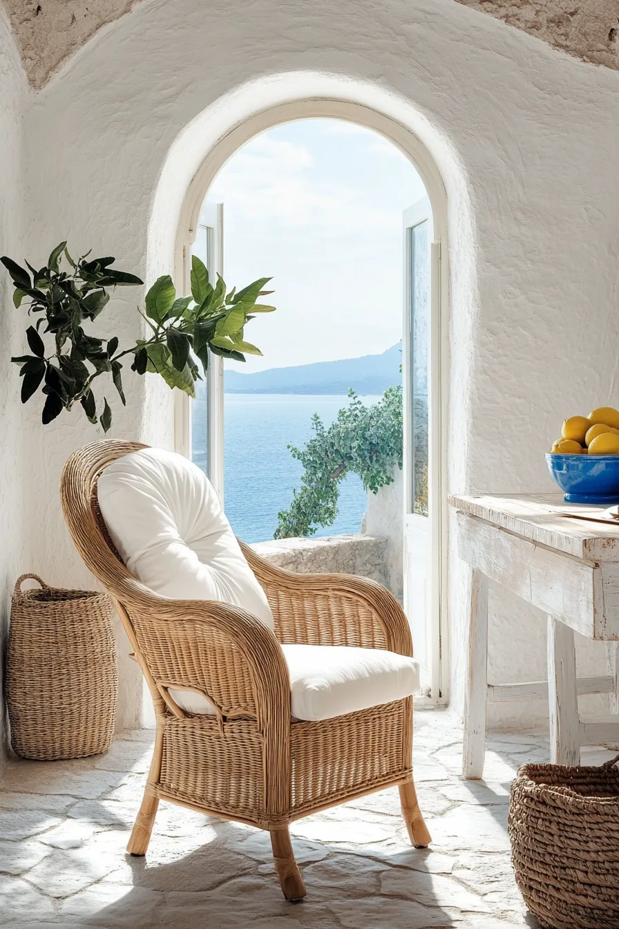 mediterranean style office featuring rattan chair whitewashed walls and seaside view through arched window