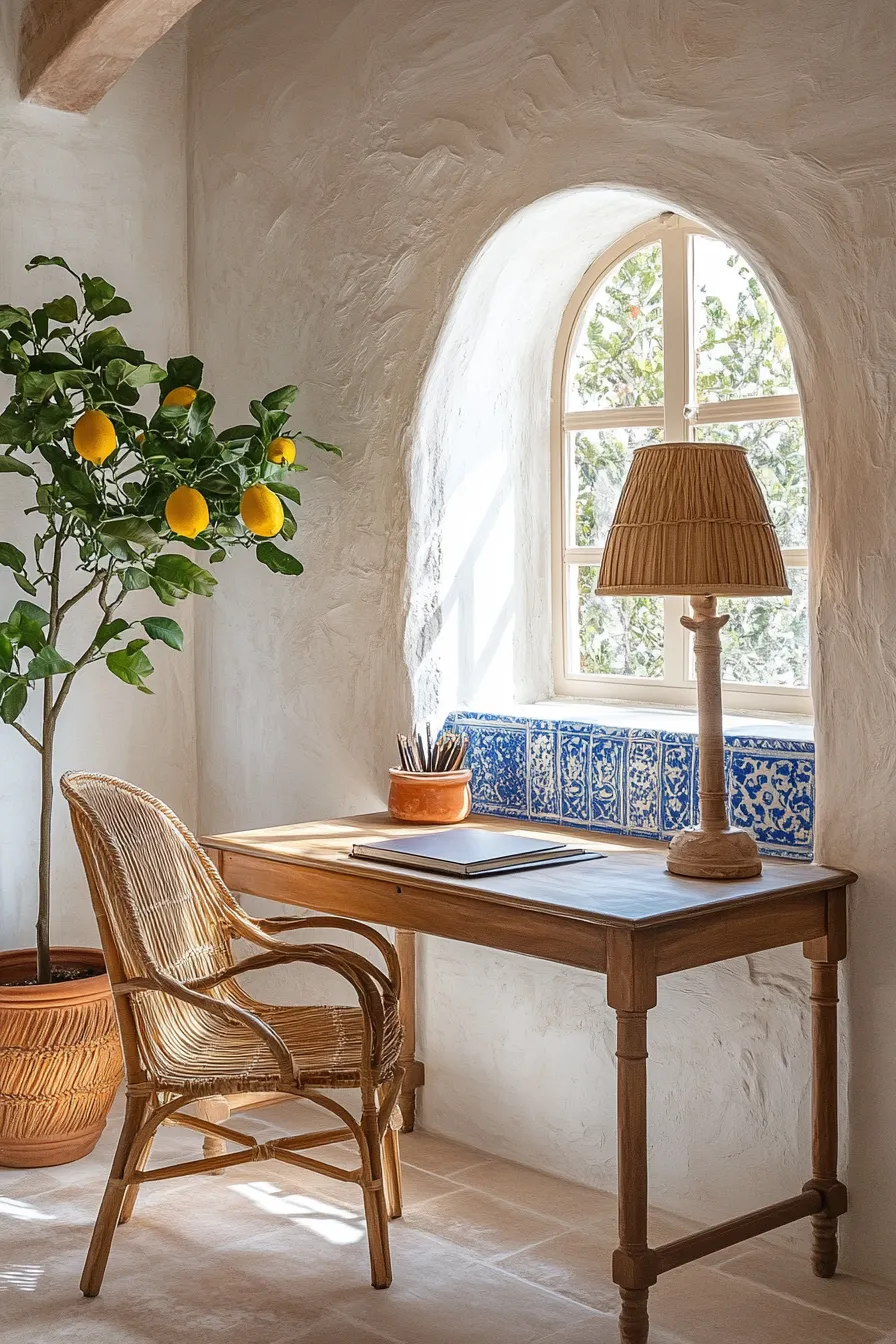 mediterranean style office featuring white plaster walls arched window wooden desk and decorative blue tile accent wall