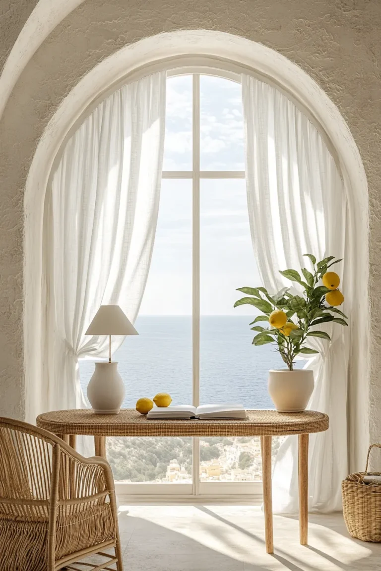 mediterranean style office with arched windows white curtains rattan desk and potted lemon tree