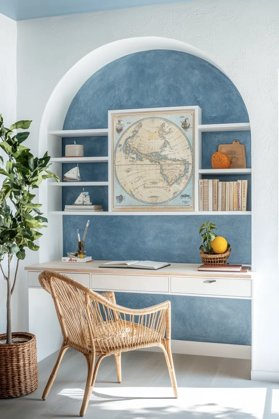 mediterranean style office with floortoceiling shelving blue accent wall wooden desk and nautical artwork