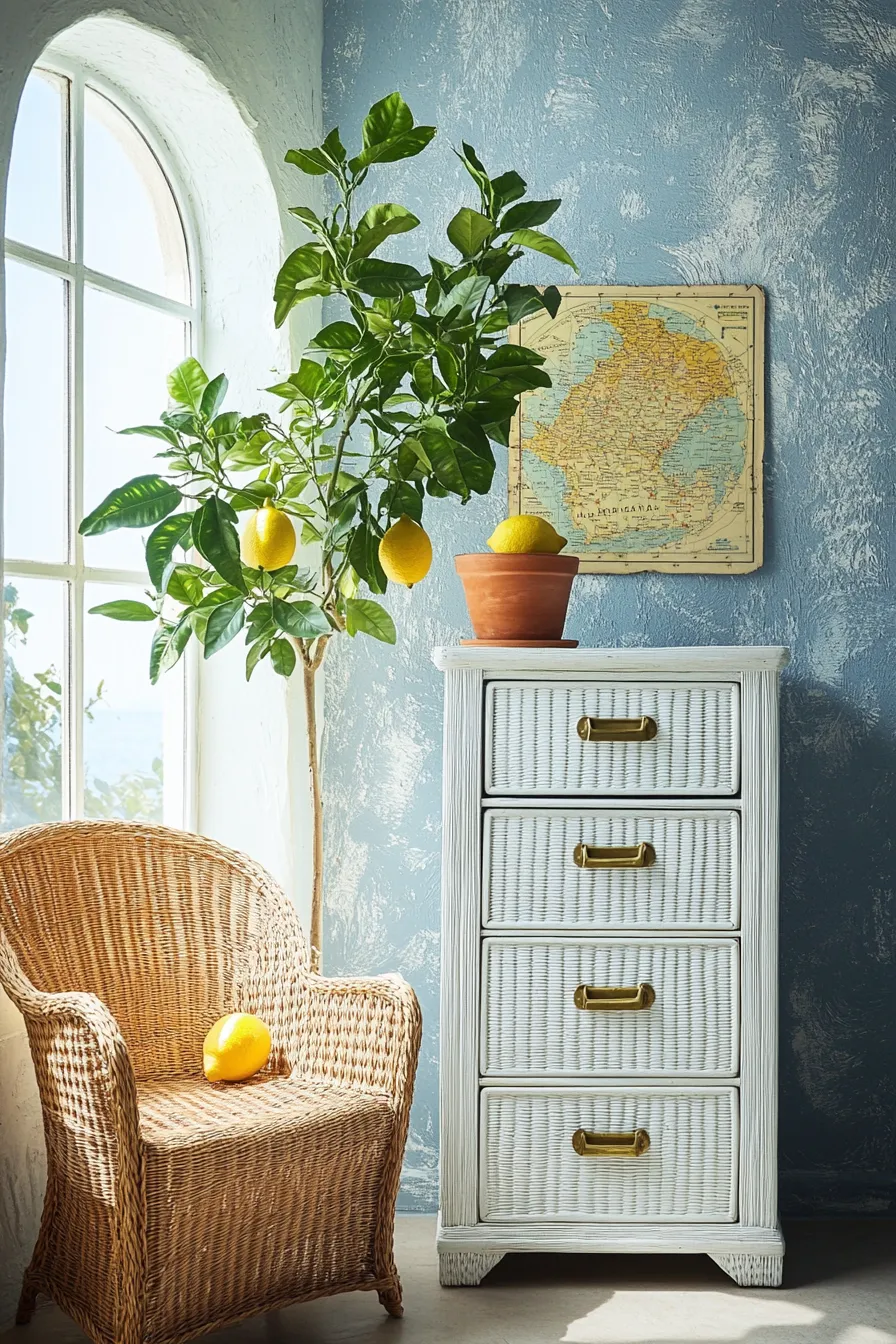 mediterranean style office with rattan cabinet blue walls terracotta pot with lemon tree vintage italian coast map