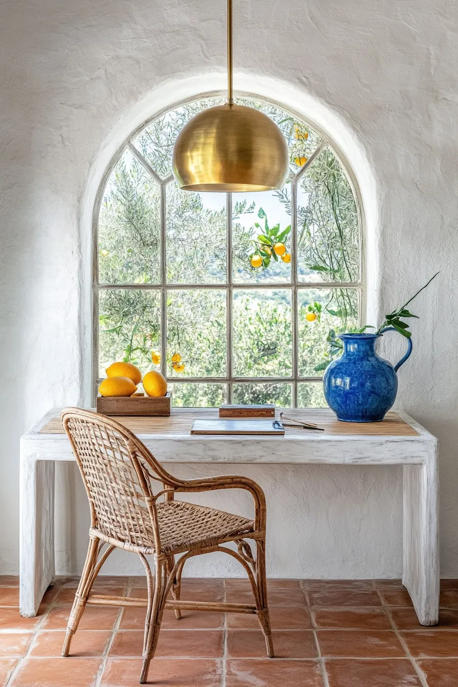 mediterranean style office with statement brass light blue accents and terracotta floors beside arched window