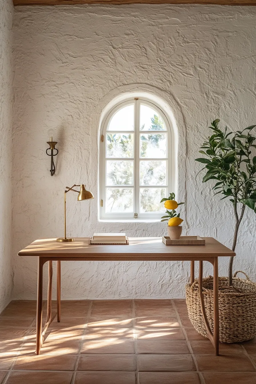 mediterraneanstyle home office with textured walls wrought iron sconce brass lamp and natural limestone finishes