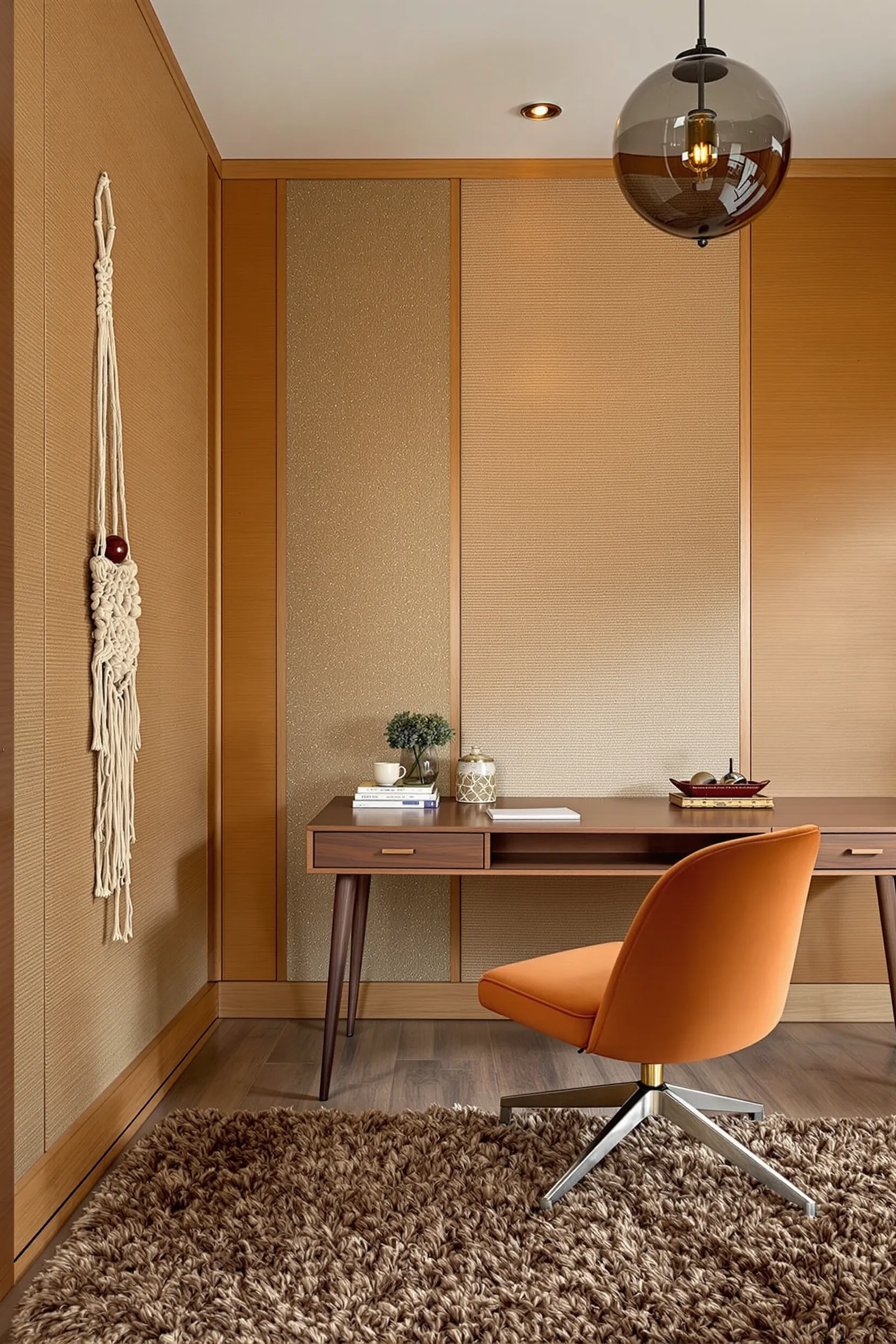 mid century inspired office with wood slat walls smoked glass pendant and orange chair