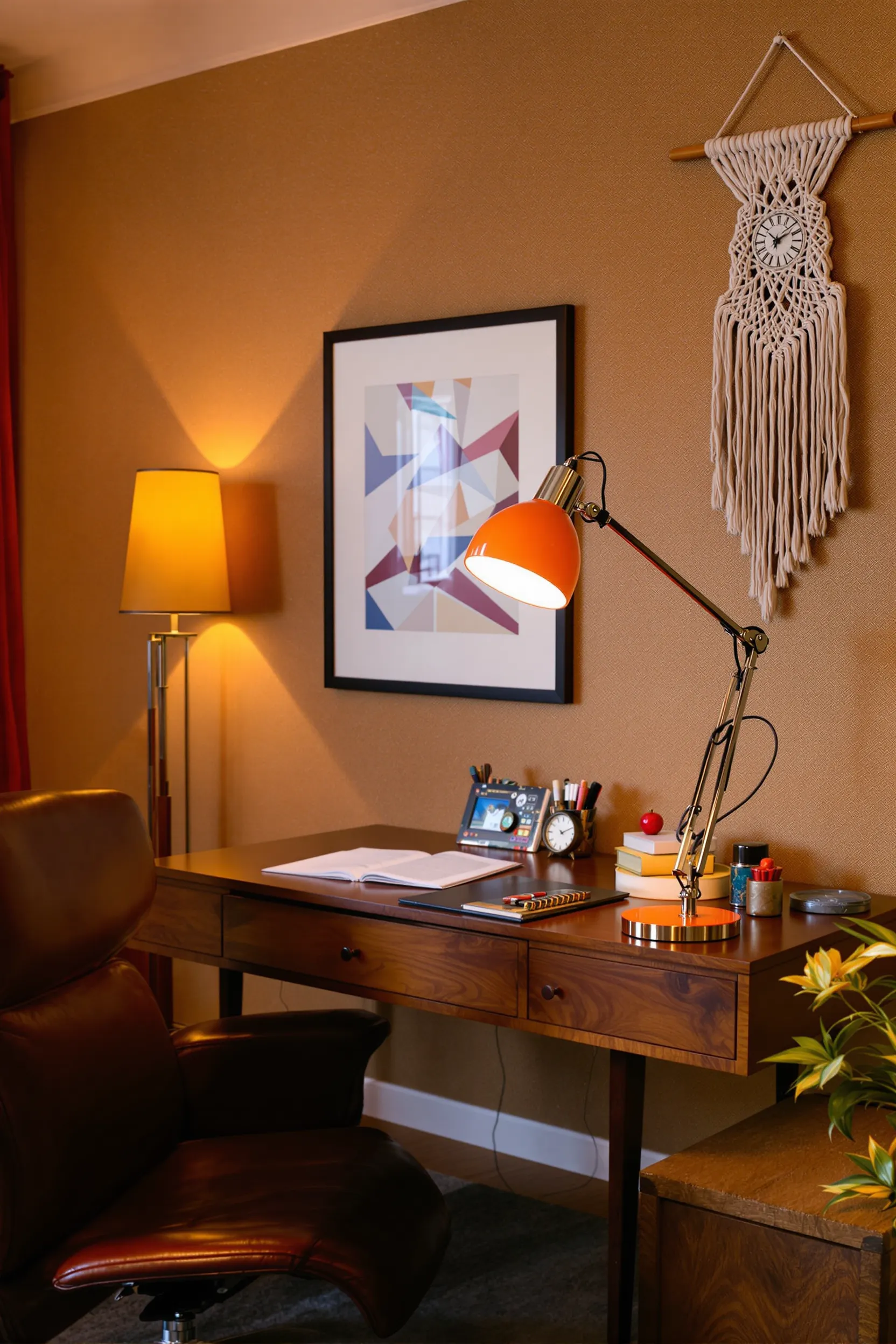 mid century modern home office with orange dome lamp starburst clock and leather swivel chair