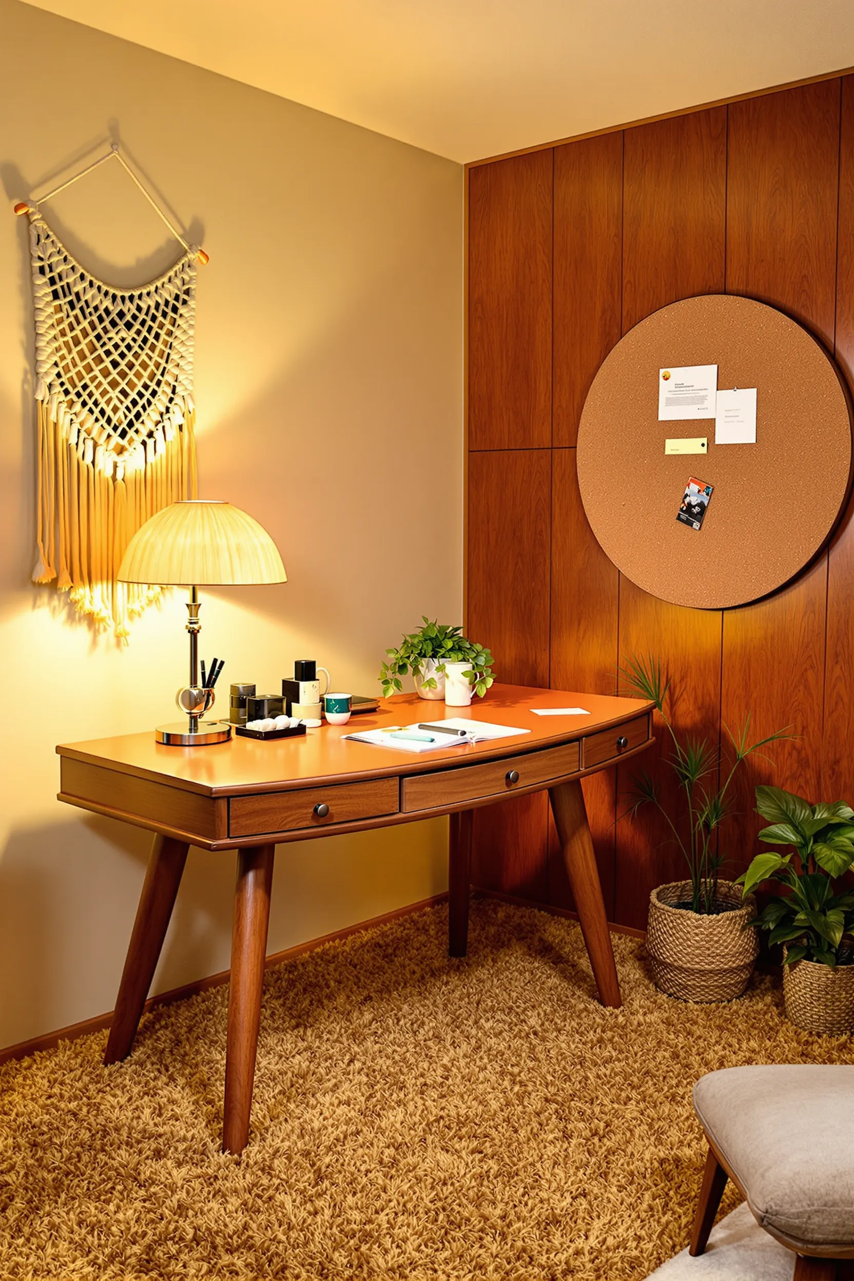 midcentury office with curved walnut desk vintage lamp and woodpaneled accent wall