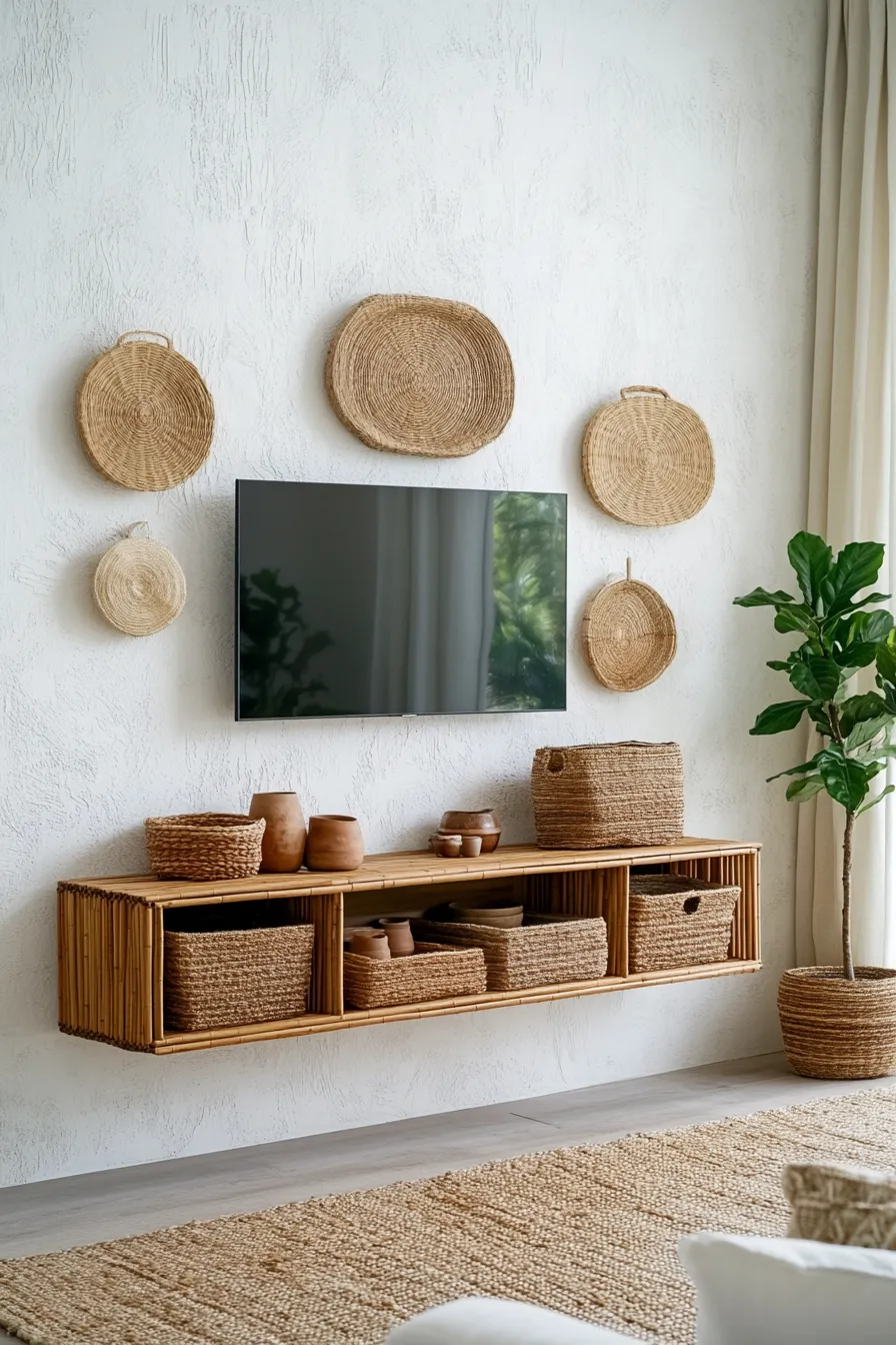 minimalist bamboo entertainment center with natural decor elements and drapery in modern organic room