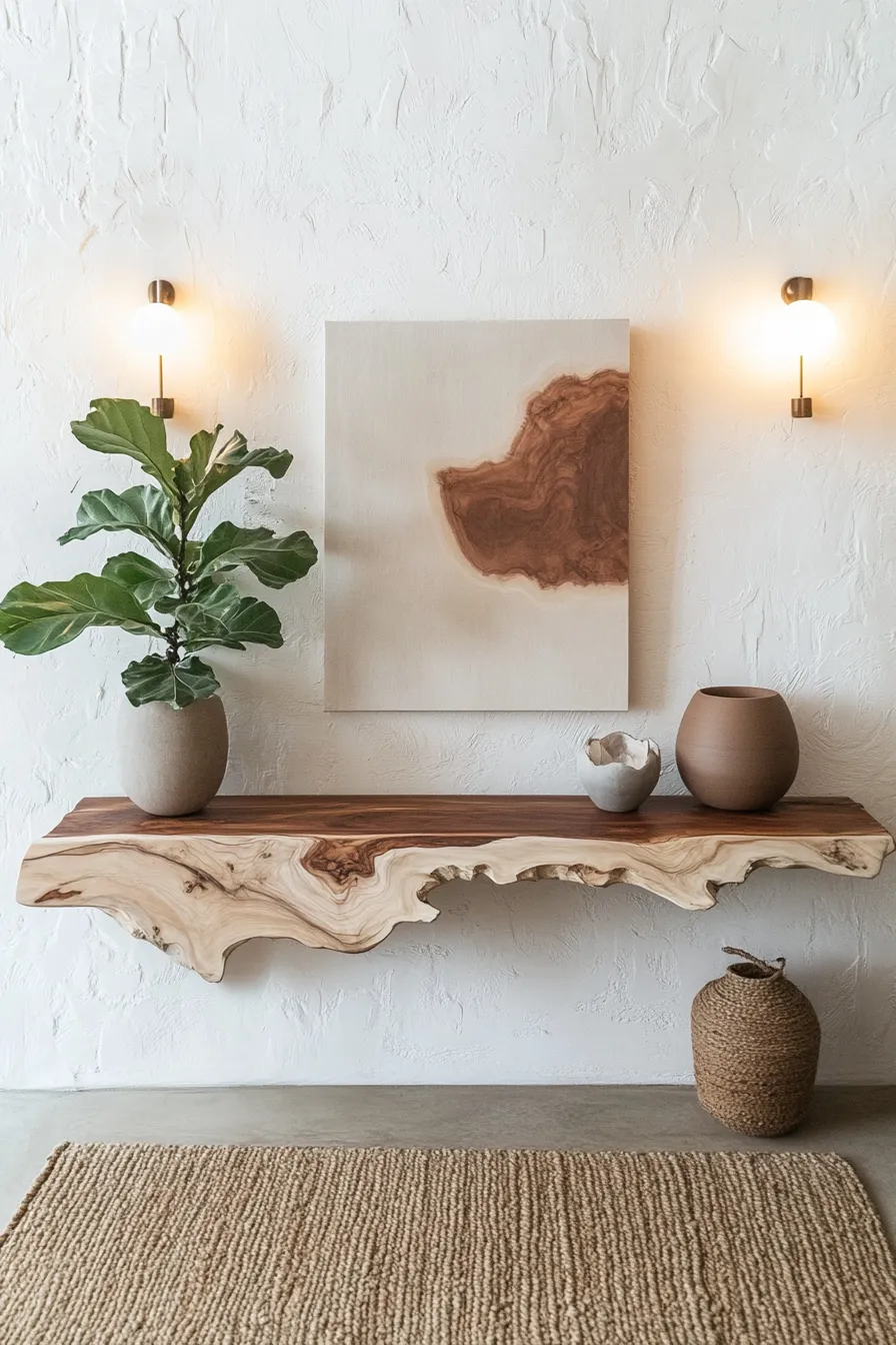 minimalist console table arrangement with storage featuring accent lighting and ceramic vessels against textured wall