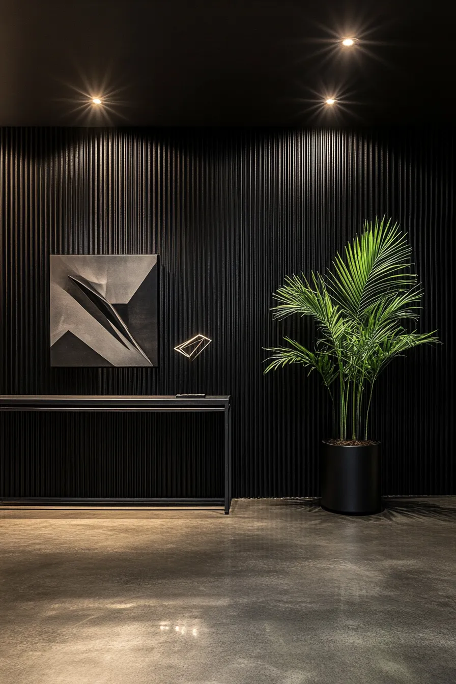 minimalist dark entryway featuring black textured walls concrete floors led lighting and modern wall art