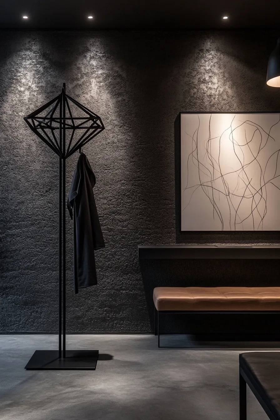 minimalist dark entryway featuring geometric coat stand pendant lighting and textured charcoal walls