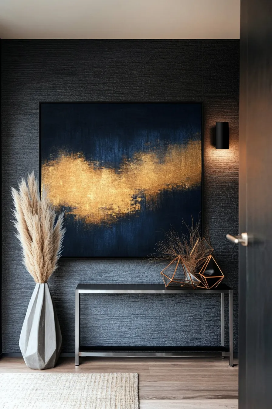 minimalist dark entryway with large abstract artwork sleek furniture and dramatic lighting elements