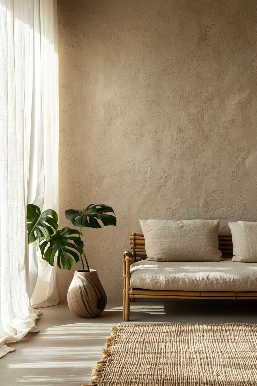 minimalist organic living room featuring textured walls wooden accents natural fabrics and modern furniture in soft lighting