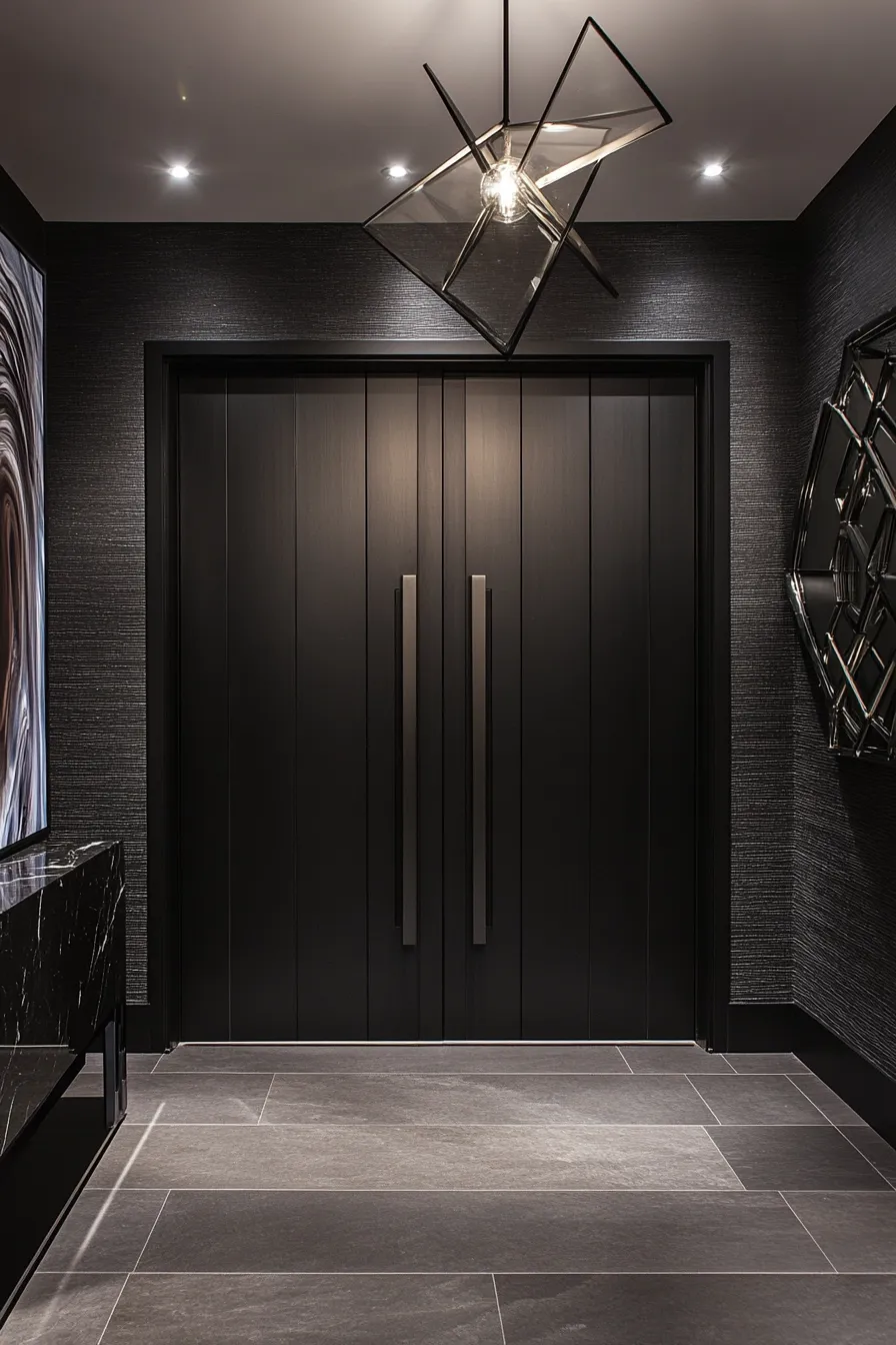 minimalist pendant light illuminating dark entryway with textured walls and glass sidelights