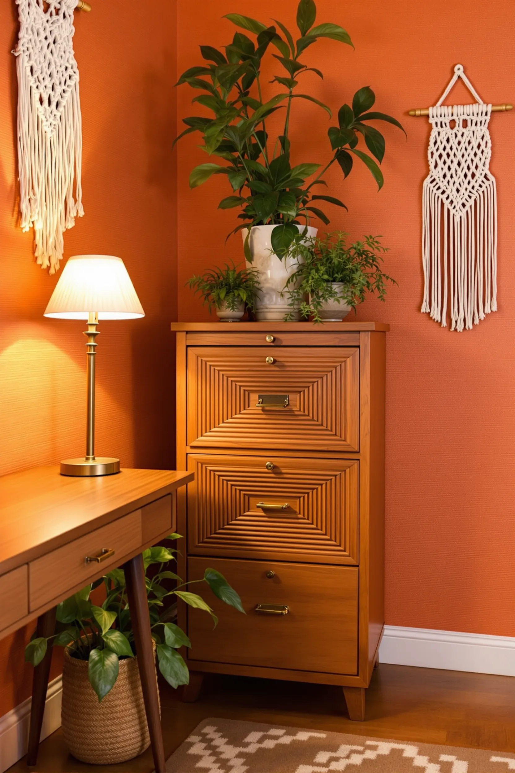 modern 70s home office with vintage cabinet warm lighting macrame art houseplants and earthtoned shag rug