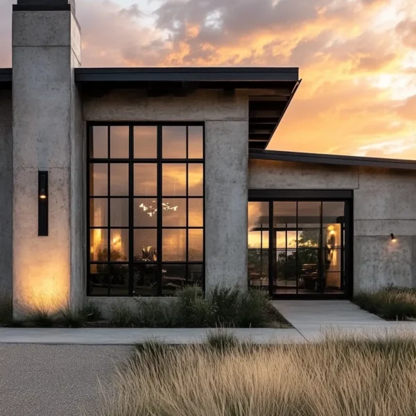 modern barndominium exterior with concrete walls black framed windows and weathered steel accents under golden sunset lighting