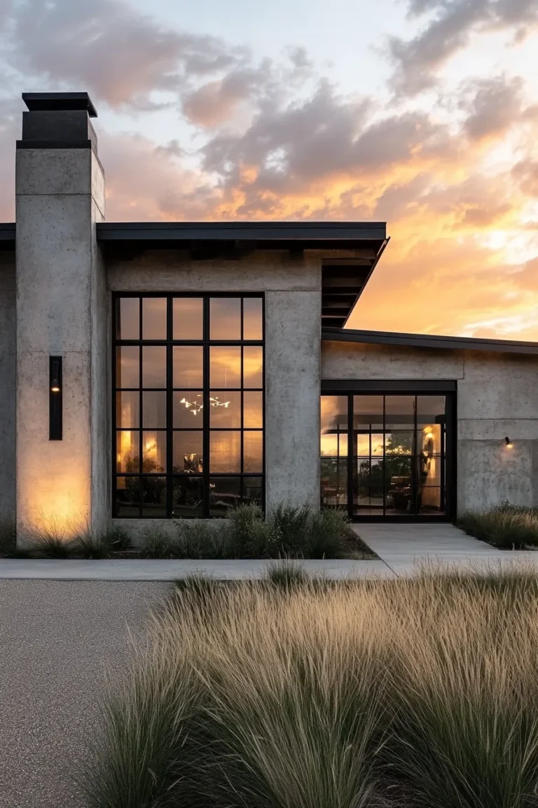 modern barndominium exterior with concrete walls black framed windows and weathered steel accents under golden sunset lighting