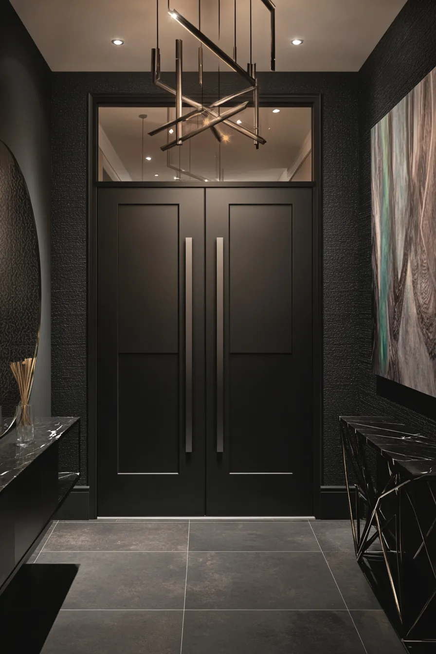 modern dark entryway with black double door glass sidelights pendant light marble console table and geometric mirror