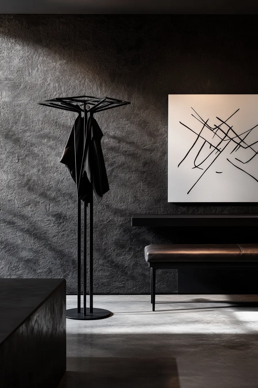 modern dark entryway with black metal coat stand charcoal walls pendant light concrete floor and leather bench