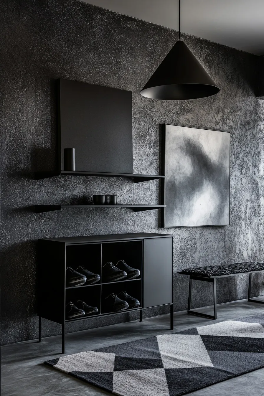 modern dark entryway with black metal shoe cabinet floating shelves charcoal walls pendant light and geometric runner