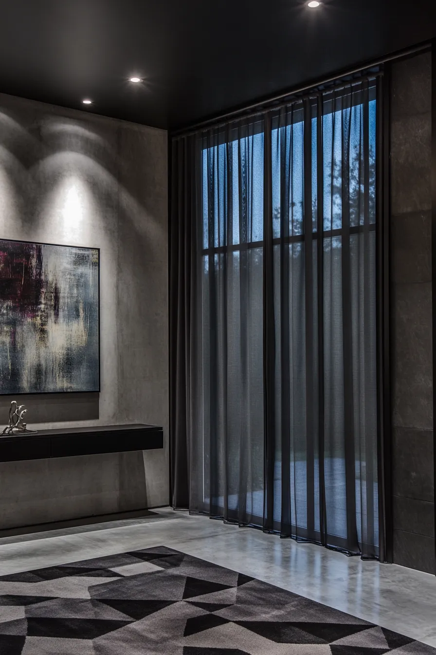 modern dark entryway with black metal window frame concrete walls floating console and geometric rug under dramatic lighting