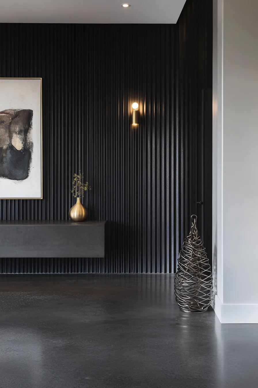 modern dark entryway with black textured wall paneling concrete floor floating console and brass sconce lighting