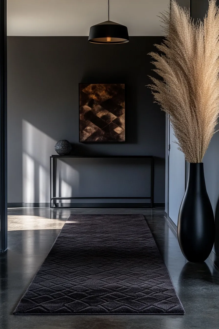 modern dark entryway with charcoal geometric rug concrete floor black pendant light metal console table and dried pampas grass