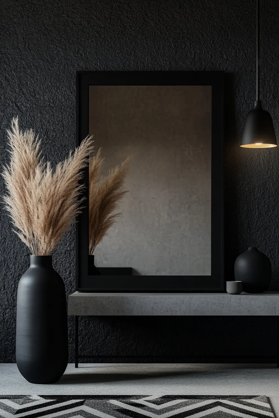 modern dark entryway with oversized black mirror on charcoal wall pendant light above concrete console table with dried pampas grass