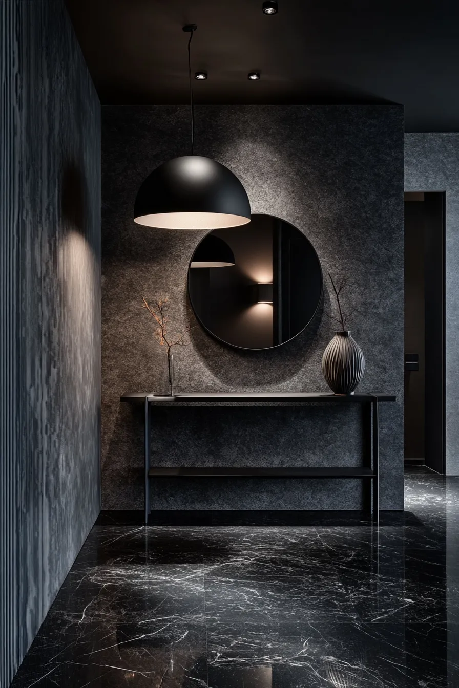 modern dark entryway with pendant light charcoal walls black marble floor floating console table and round mirror